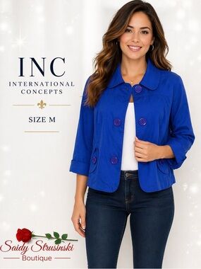 INC International Concepts Blue Cropped Jacket Size M Button front cotton